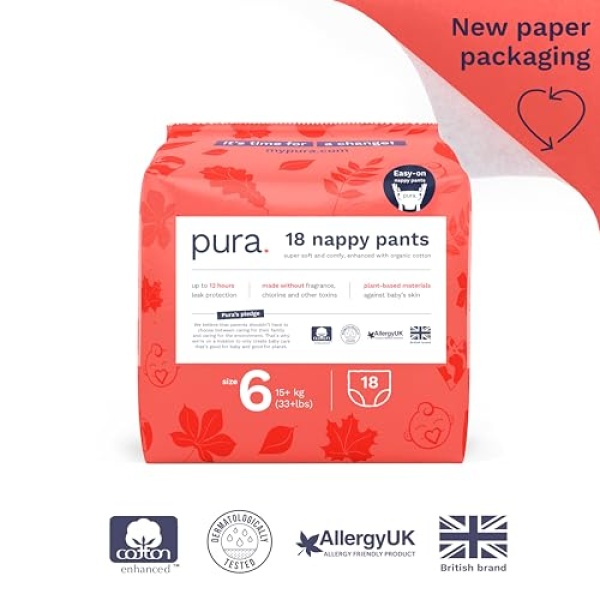Pura Eco Nappy Pants - Size 6 (15kg+), 18 Nappies, Pull Up Disposable Baby Nappies for Sensitive & Allergy Prone Skin, Hypoallergenic, Fragrance Free, Easy-Tear Side, New Size Guide - Image 10