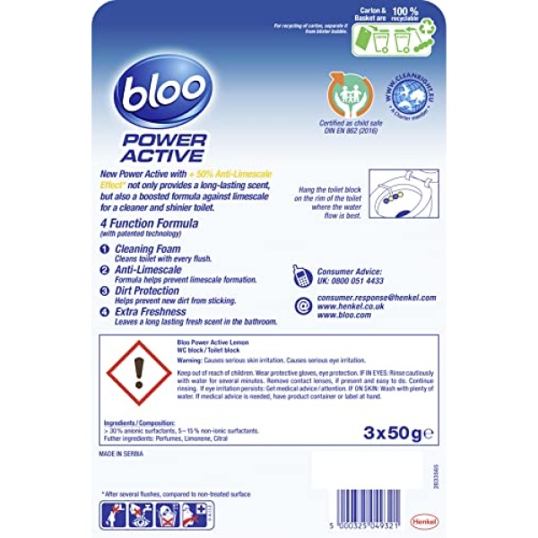 Bloo Power Active Toilet Rim Block Lemon, with Anti-Limescale, Cleaning Foam, Dirt Protection and Extra Freshness - Pack of 3 Rimblocks - Image 7