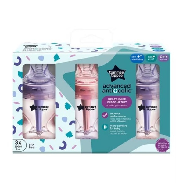 Tommee Tippee Advanced Anti-Colic Baby Bottle, 260ml, Slow-Flow Breast-Like Teat for a Natural Latch, Triple-Vented Anti-Colic Wand, Pack of 3, Purple/Pink - Image 2