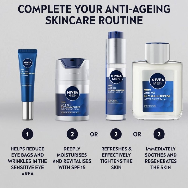 NIVEA MEN Anti-Age Hyaluron SPF15 Moisturising Cream (50ml), Anti-Wrinkle Face Cream with Hyaluronic Acid and Pro-Retinol, Visibly Reduces Deep Wrinkles and Firms Skin - Image 2