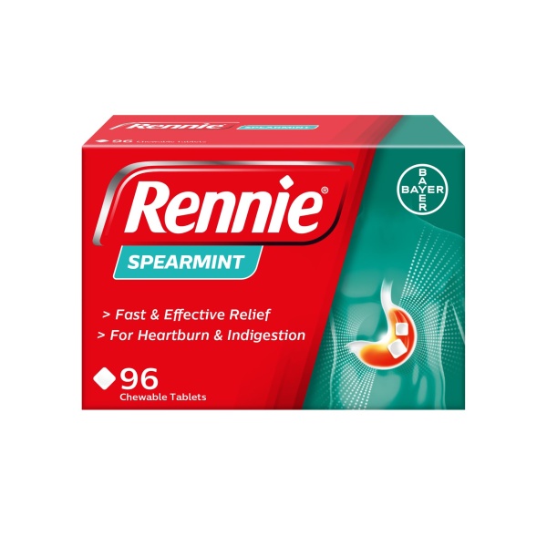 Rennie Spearmint Flavour Antacid, Heartburn and Indigestion Chewable Tablets, 1 pack of 96 tablets - Gets to work in 60 seconds for fast and effective heartburn relief - Image 1