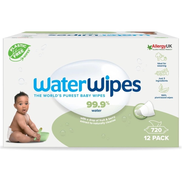 WaterWipes Sensitive+ Baby & Toddler Wipes, 720 Count (12 Packs), 3-In-1 Cleans, Cares, Protects, 99.9% Water, Textured Clean, Unscented - Image 1