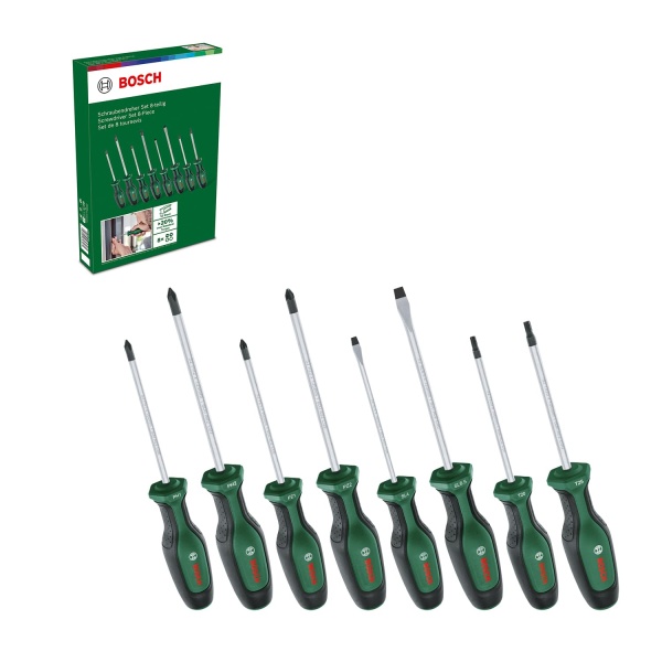 Bosch Screwdriver Set 8-Piece (8X High-Performance Screwdrivers for DIY; S2 Steel; Softgrip; Magnetic Tip) - Image 1