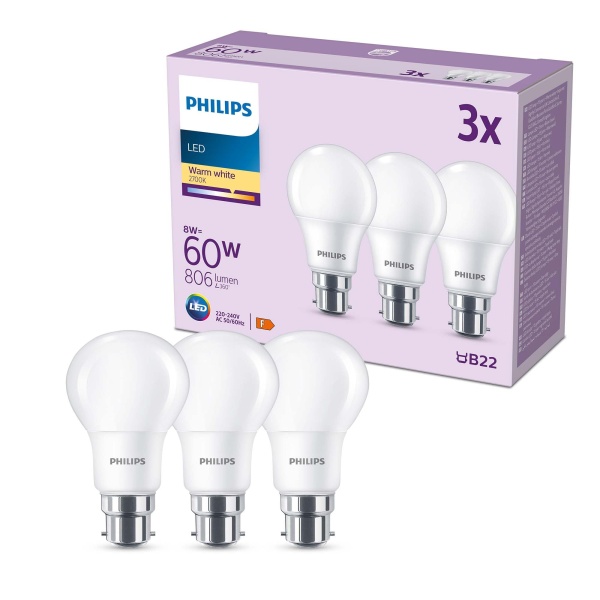 Philips LED Frosted A60 Light Bulb 3 Pack (Warm White 2700K - B22 Bayonet Cap) 60W, Non Dimmable for Home Indoor Lighting - Image 1