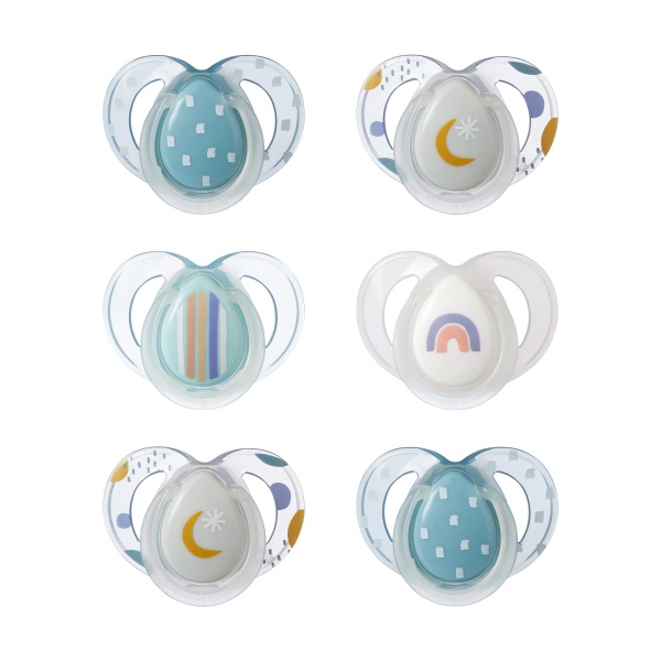 Tommee Tippee Nighttime Soothers, 6-18m, 6 Pack, Glow in The Dark, Varied Colours and Designs, Symmetrical Orthodontic Dummy, BPA-Free Silicone Teat - Image 1