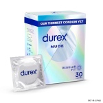 Durex Nude, Ultra Thin, 30 Condoms, Regular Fit, With Silicone Lube, Easy on Shape, Teat Ended, Our Thinnest Condom Yet, Transparent Natural Latex Condoms, Trusted Durex Protection