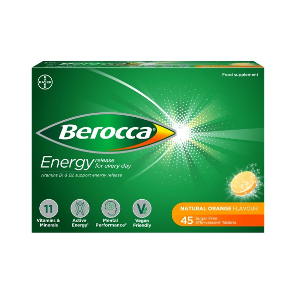 Berocca Vitamin C Effervescent Tablets, with Magnesium, Vitamin B12 & Vitamin B Complex, Orange Flavour, 1 Pack of 45 Tablets - 6 Weeks Supply - Image 1