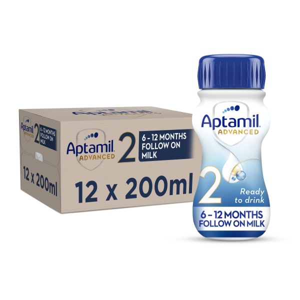 Aptamil Advanced 2 Follow On Baby Milk Ready to Use Liquid Formula, 6-12 Months, 200 ml (Pack of 12) - Image 1