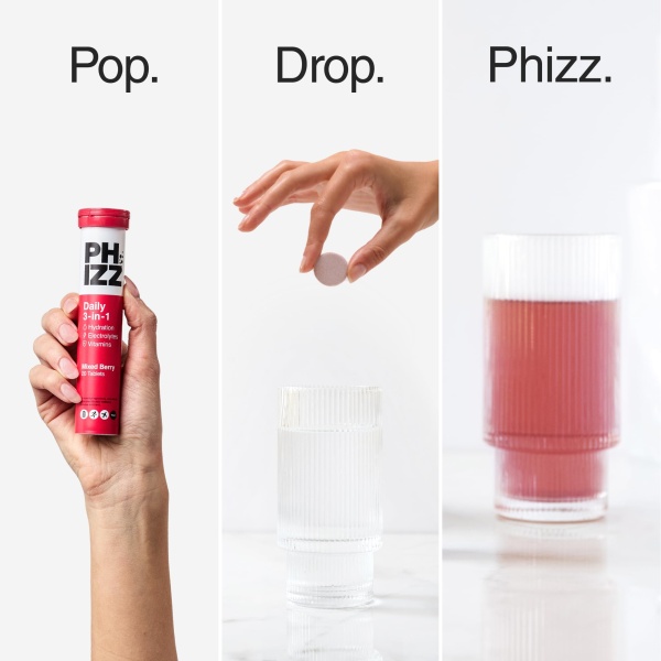 Phizz Electrolytes, Multivitamin & Hydration Tablets - 20 Effervescent Rehydration Electrolyte Tablets - 18 Vitamins & Minerals, Vitamin C, Vegan, Vegetarian & Low Calorie (Mixed Berry) - Image 4