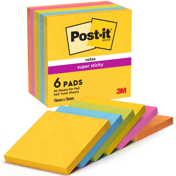 Post-it Super Sticky Notes, Stick Longer Without Falling, 76 mm x 76 mm, 6 Pads, 540 Sheets, Yellow, Blue, Green, Pink, Orange Colors - Self-Sticking Notes for Walls, Monitors and Fridge - Image 1