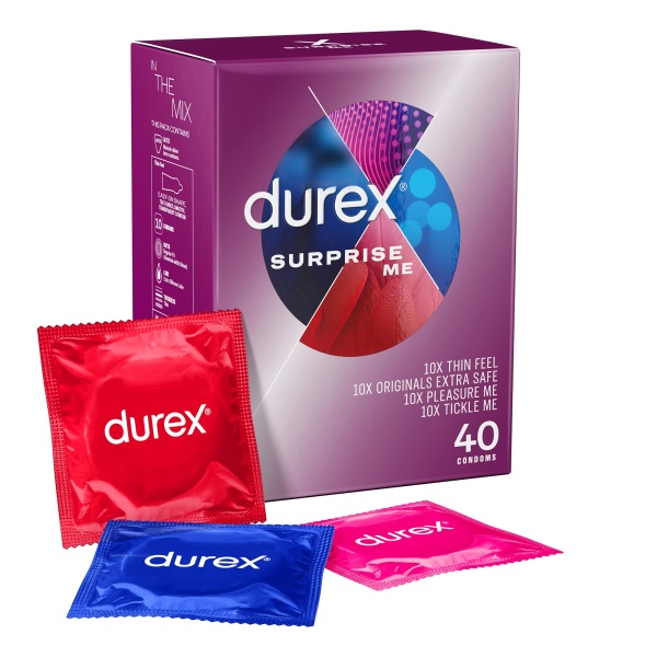 Durex Surprise Me Variety Pack, 40 Condoms, Thin feel, Extra Safe, Pleasure Me, Tickle Me, With Silicone Lube, Condoms Bulk for men, Regular Fit, Ribbed and Dotted, Easy on Shape, Teat Ended - Image 1