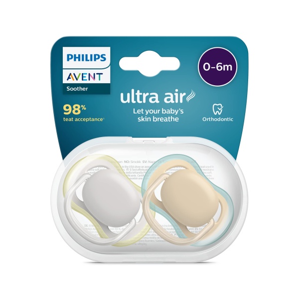 Philips Avent Ultra Air Pacifier 2 Count (Pack of 1) - BPA-Free Dummy for Babies from 0-6 Months (Model SCF085/15) Green/Brown - Image 1