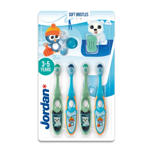 Jordan® | Step 2 Toothbrush for Children | Toothbrush for Ages 3 to 5 Years | Soft Bristles, Double Ergonomic Handle and BPA Free | Colour Blue and Green | Pack of 4 - Image 1