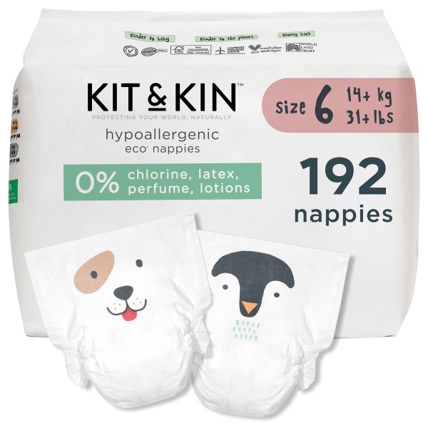 Kit & Kin Premium Eco Baby Nappies Size 6 | 14+ kgs / 31+ lbs | Pack of 192 Nappies | Plant-Based & Hypoallergenic | Superior up to 12 Hour Leak Protection | Vegan & Cruelty Free - Image 1