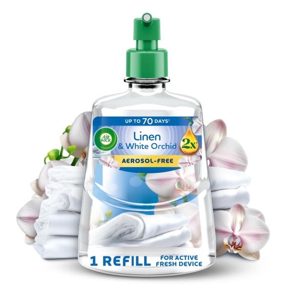 Air Wick Linen & White Orchid Aerosol-Free Automatic Spray Refill 228ml, Lasts up to 70 Days, Air Freshener - Image 1