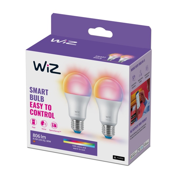 WiZ Smart Colour Bulb, E27, 8.5W, Tunable, Motion Sensor with App, Connected WiFi Works with Alexa, Google Assistant & HomeKit, App Control for Home Indoor Lighting, Bedroom, 2Pack - Image 1