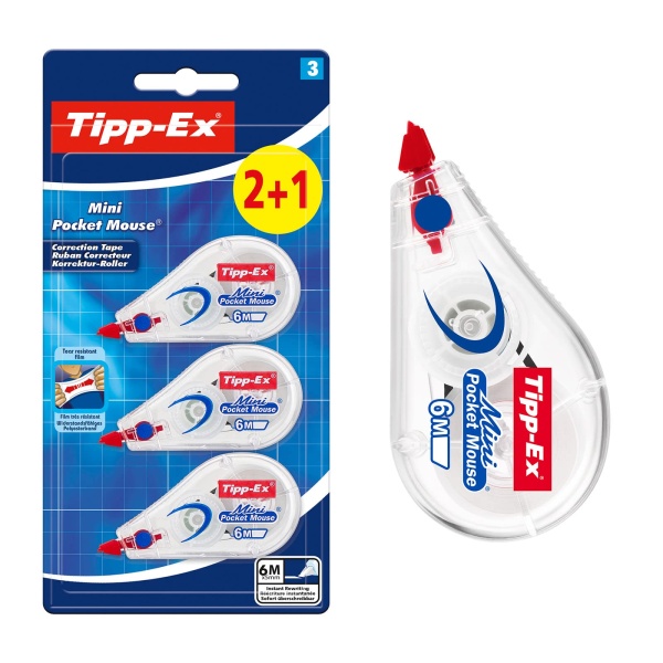 Bic Tipp-Ex Mini Pocket Mouse Correction Tape – Pack of 2 + 1,white - Image 1