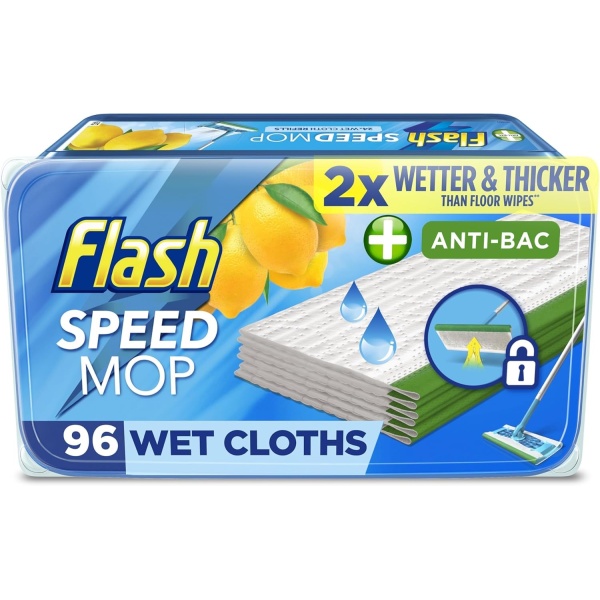 Flash Speedmop Wet Floor Cleaning Wipes, 96 Cloths (24x4), Antibac Lemon Multi-Surface, Trap & Lock Daily Dirt, Grease & Grime Without Getting Down On Your Knees ( Package may vary) - Image 1
