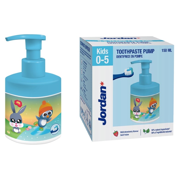 Jordan ® | Kids Toothpaste Pump | Toothpaste on a Pump Dispenser Equivalent to 3 Regular Tubes | Innovative and Convenient Solution Developed for Children | 0-5 Years | Strawberry | 1000ppm | 150 ml - Image 1