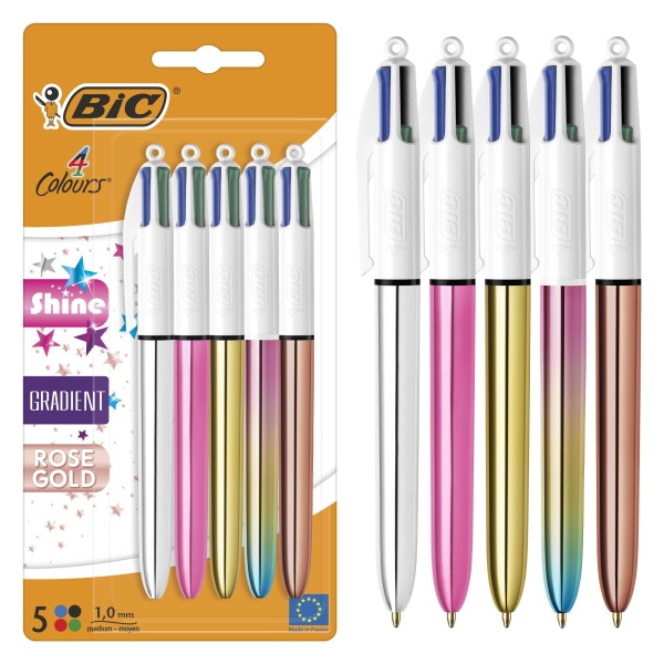 BiC 4 Colours Shine and Gradient Retractable Ball Pens Medium Point (1.00 mm) in Metallic Silver, Gold, Pink, Rose Gold, and Gradient Pastel - Pack of 5 - Image 1