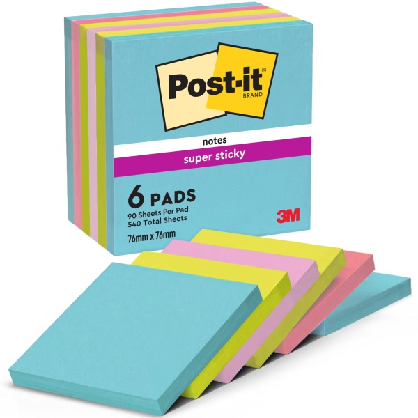 Post-it Super Sticky Notes, Double The Sticking Power, 6 Pads, 540 Sheets, 76 mm x 76 mm, Yellow, Blue, Green, Pink, Orange Colors - Self-Sticking Notes for Walls, Monitors and Fridge - Image 1