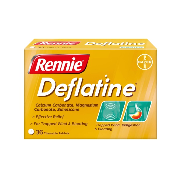 Rennie Deflatine, Trapped Wind and Bloating Tablets, Fast and Effective Heartburn Relief and Indigestion Relief, Sugar Free Mint, 1 Pack of 36 Tablets - Image 1