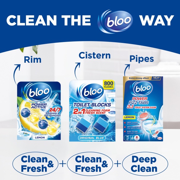 Bloo Power Active Toilet Rim Block Lemon, with Anti-Limescale, Cleaning Foam, Dirt Protection and Extra Freshness - Pack of 3 Rimblocks - Image 2