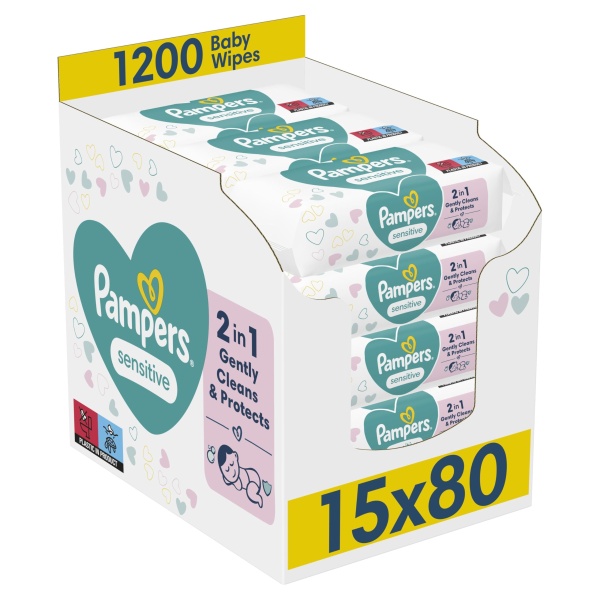 Pampers Sensitive Baby Wipes 15 Packs of 80 = 1200 Baby Wet Wipes, Unscented, For a Soft And Gentle Clean - Image 1