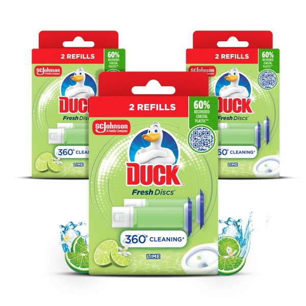 Duck Fresh Discs Toilet Cleaner Refill Twin Pack, Fights Stains That Harbour Germs, Prevents Limescale Build Up, Lime, Pack of 3 (Total of 6 Refill Tubes) - Image 1