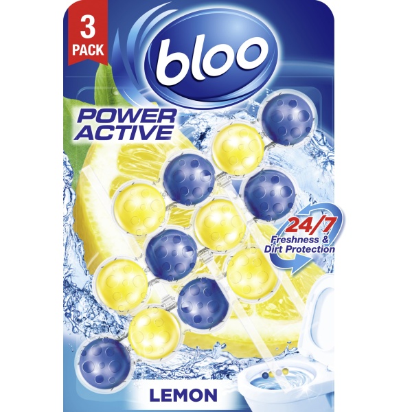 Bloo Power Active Toilet Rim Block Lemon, with Anti-Limescale, Cleaning Foam, Dirt Protection and Extra Freshness - Pack of 3 Rimblocks - Image 1