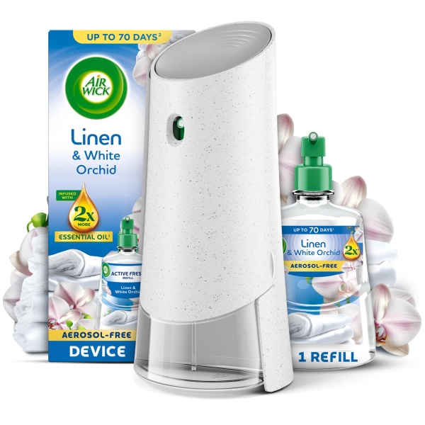 Air Wick Linen & White Orchid Aerosol-Free Automatic Spray Kit, Lasts up to 70 Days, Air Freshener - Image 1