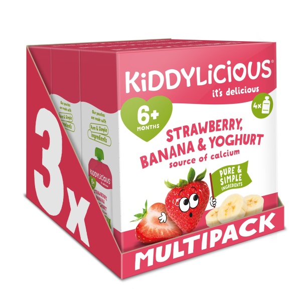 Kiddylicious Strawberry & Banana Yoghurt Pouches - Delicious Pouches for Babies - Suitable for 6+ Months - 3 Packs of 4 (12 Total) - Image 1