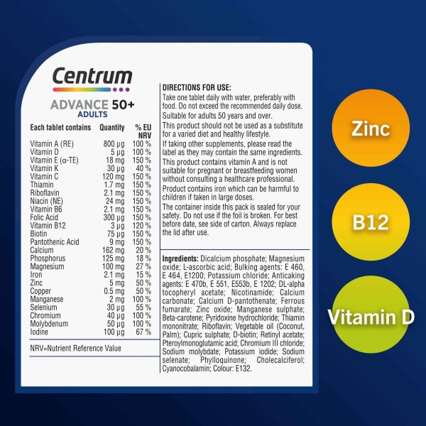 Centrum Advance 50+ Tablets Multivitamin & Mineral Supplements, with 24 essential nutrients, including vitamin D, C, Zinc, 180 ct - Image 6
