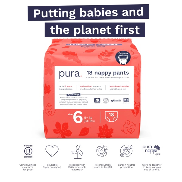 Pura Eco Nappy Pants - Size 6 (15kg+), 18 Nappies, Pull Up Disposable Baby Nappies for Sensitive & Allergy Prone Skin, Hypoallergenic, Fragrance Free, Easy-Tear Side, New Size Guide - Image 7