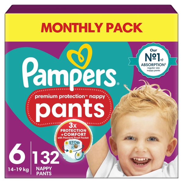 Pampers Premium Protection Nappy Pants Size 6, 132 Nappies, 14kg-19kg, Monthly Pack, With 360° Fit and Ultra-Soft Materials for Our Best Comfort & Protection - Image 1