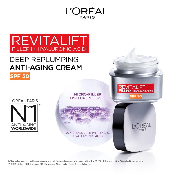 L’Oréal Paris Revitalift Filler Deep Replumping Anti-Ageing SPF50 Cream, UV Protection, Moisturising, Intensely Hydrates and Smooth Wrinkles with Macro, Micro and Micro-Epidermic Hyaluronic Acid, 50ml - Image 6