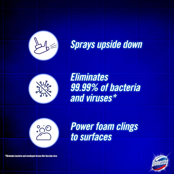 Domestos Power Foam Arctic Fresh Toilet & Bathroom Cleaner Spray sprays upside down & eliminates 99.99% of germs* for cleaning inside the toilet & around the bathroom 450 ml - Image 3