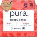 Pura Eco Nappy Pants - Size 6 (15kg+), 18 Nappies, Pull Up Disposable Baby Nappies for Sensitive & Allergy Prone Skin, Hypoallergenic, Fragrance Free, Easy-Tear Side, New Size Guide
