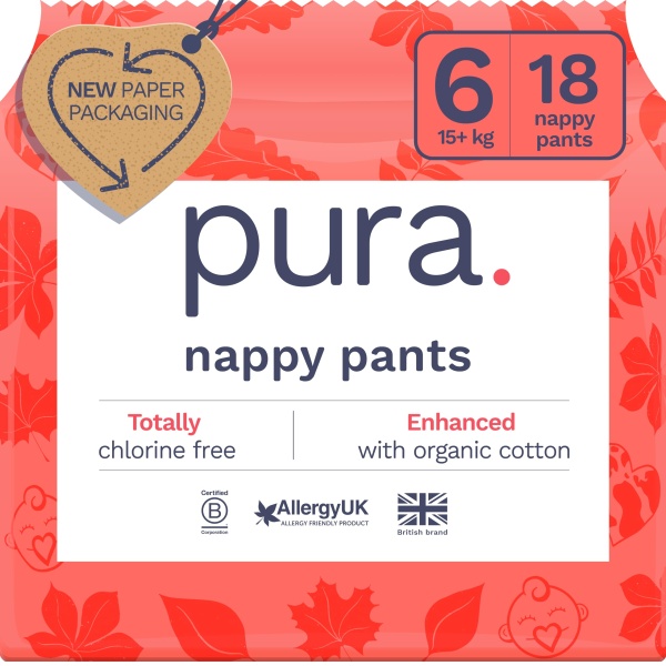 Pura Eco Nappy Pants - Size 6 (15kg+), 18 Nappies, Pull Up Disposable Baby Nappies for Sensitive & Allergy Prone Skin, Hypoallergenic, Fragrance Free, Easy-Tear Side, New Size Guide - Image 1