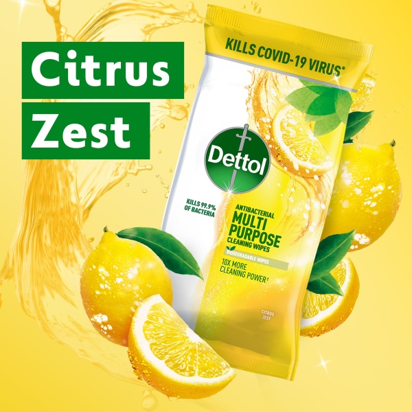 Dettol Antibacterial Multipurpose Cleaning Wipes, Citrus Zest, 70 pack (5 x 70, Total 350 Wipes) Disinfectant, Biodegradable, 10x Cleaning power vs Water alone, Kills 99.9 Percent of Germs - Image 3