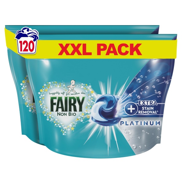 Fairy Non Bio Pods Washing Liquid Laundry Capsules, Fairy Pods, 120 Washes, Platinum With Extra Stain Removal For Sensitive Skin - Image 1