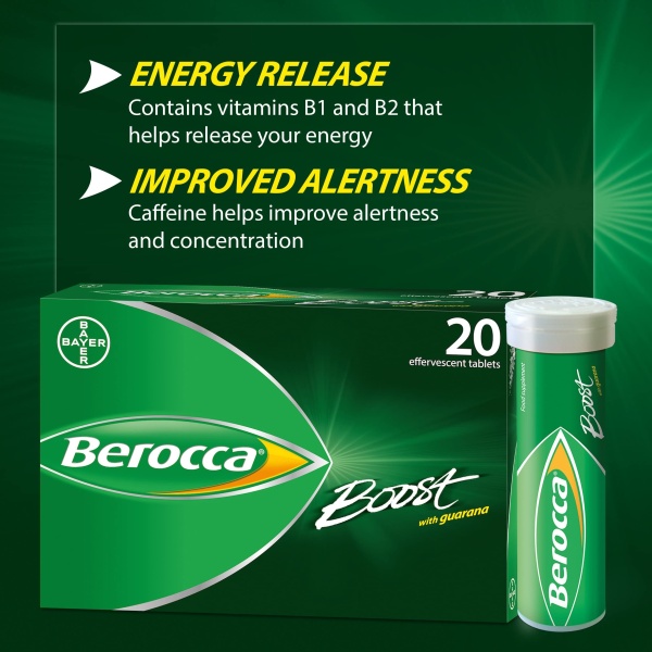 Berocca Boost Effervescent Tablets with Guarana, Caffeine and Vitamin B12, Also Contains Vitamin C and Magnesium, 1 Pack of 20-3 Weeks Supply - Image 4